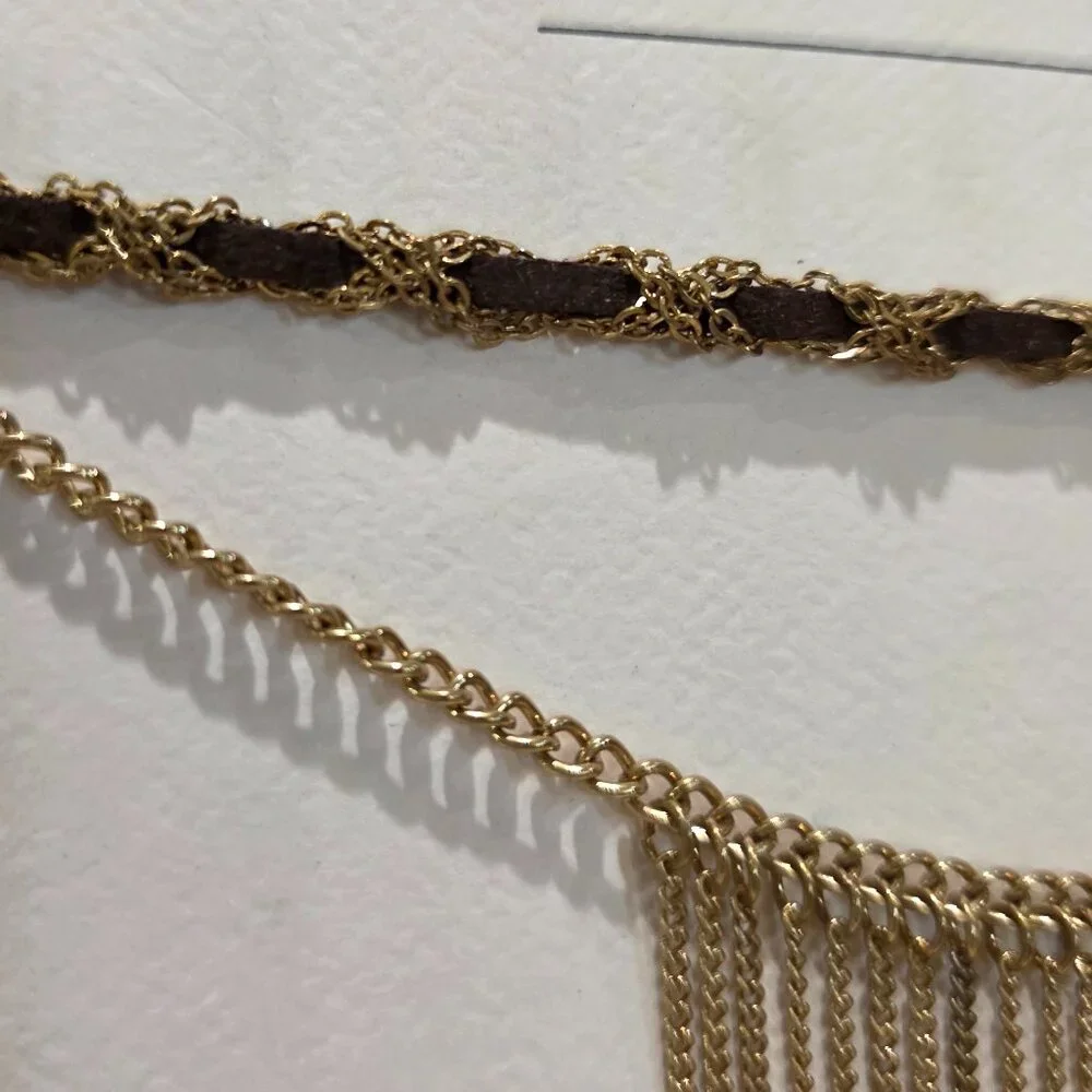 NWT Nordstrom Tribal Boho Festival Gold Chain Leather Choker Fringe Necklace